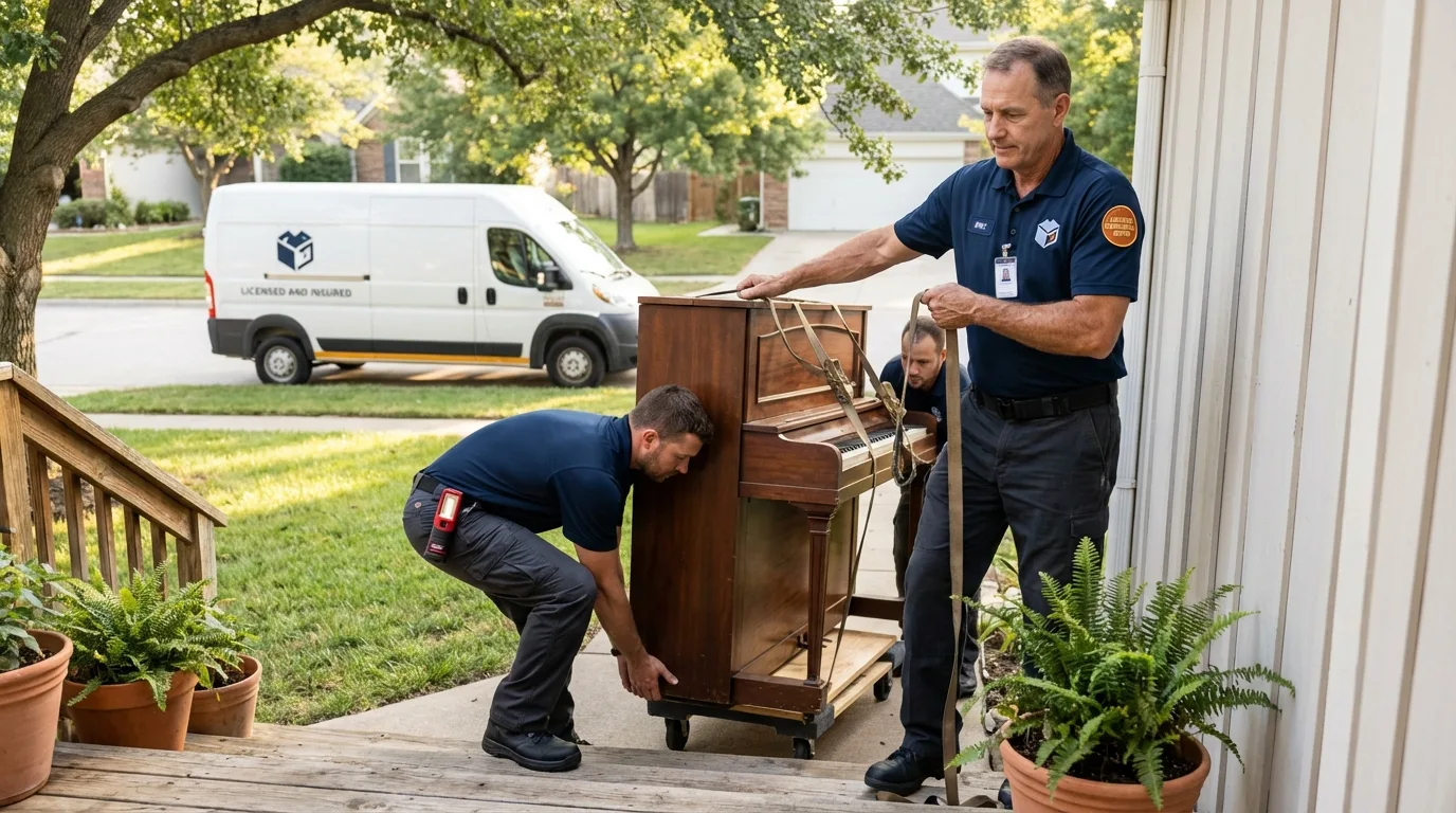 Licensed piano movers securing grand piano in Hasbrouck Heights, NJ