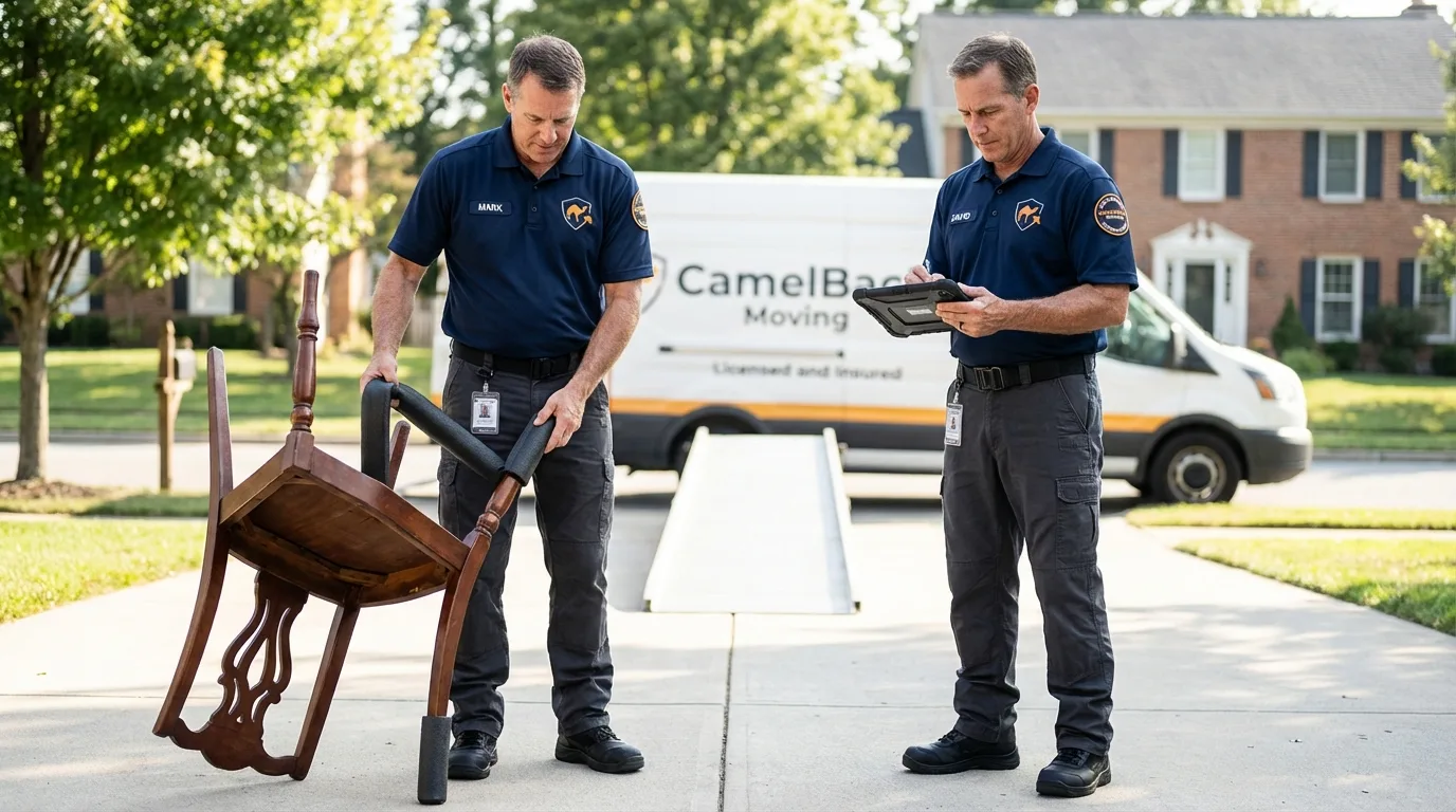 Movers inspecting furniture for damage prevention before loading in Hasbrouck Heights, NJ