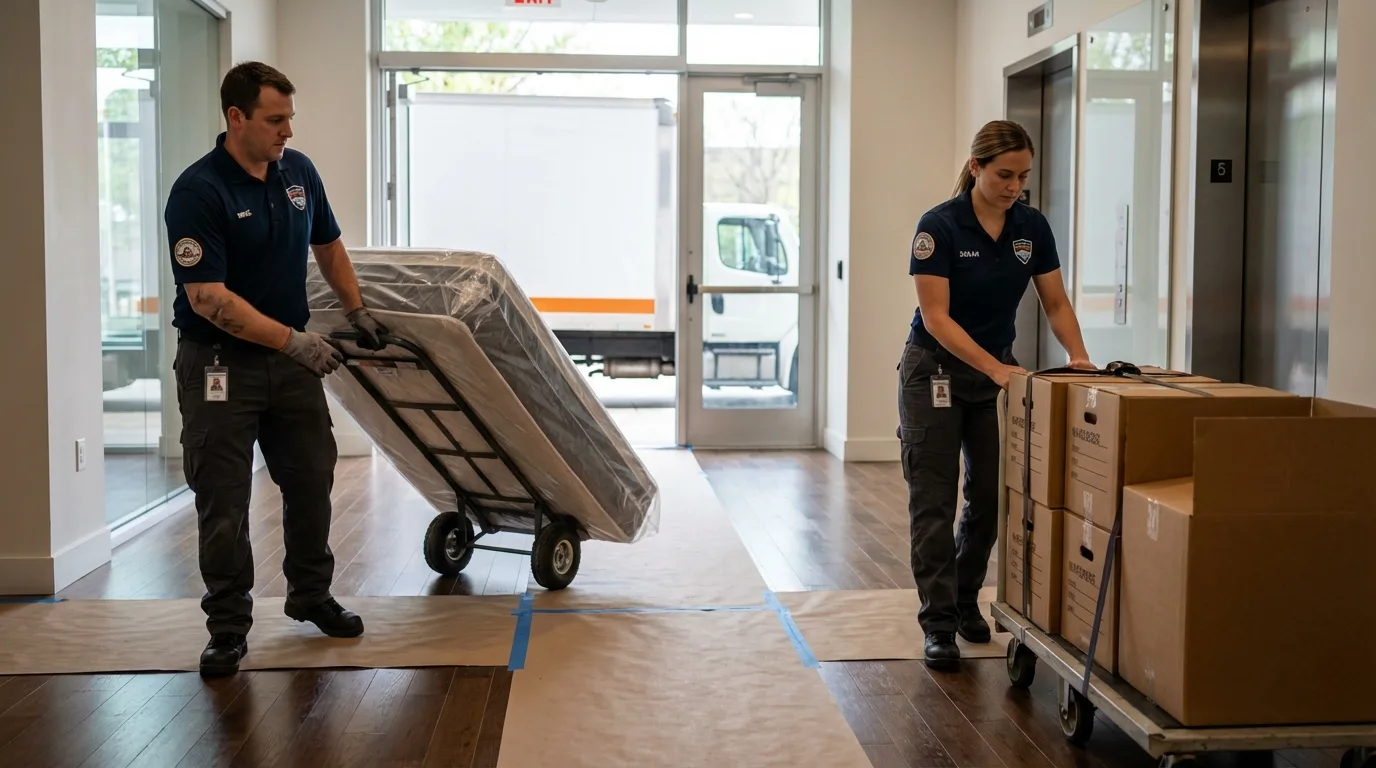 Professional apartment movers loading elevator in Hasbrouck Heights, NJ
