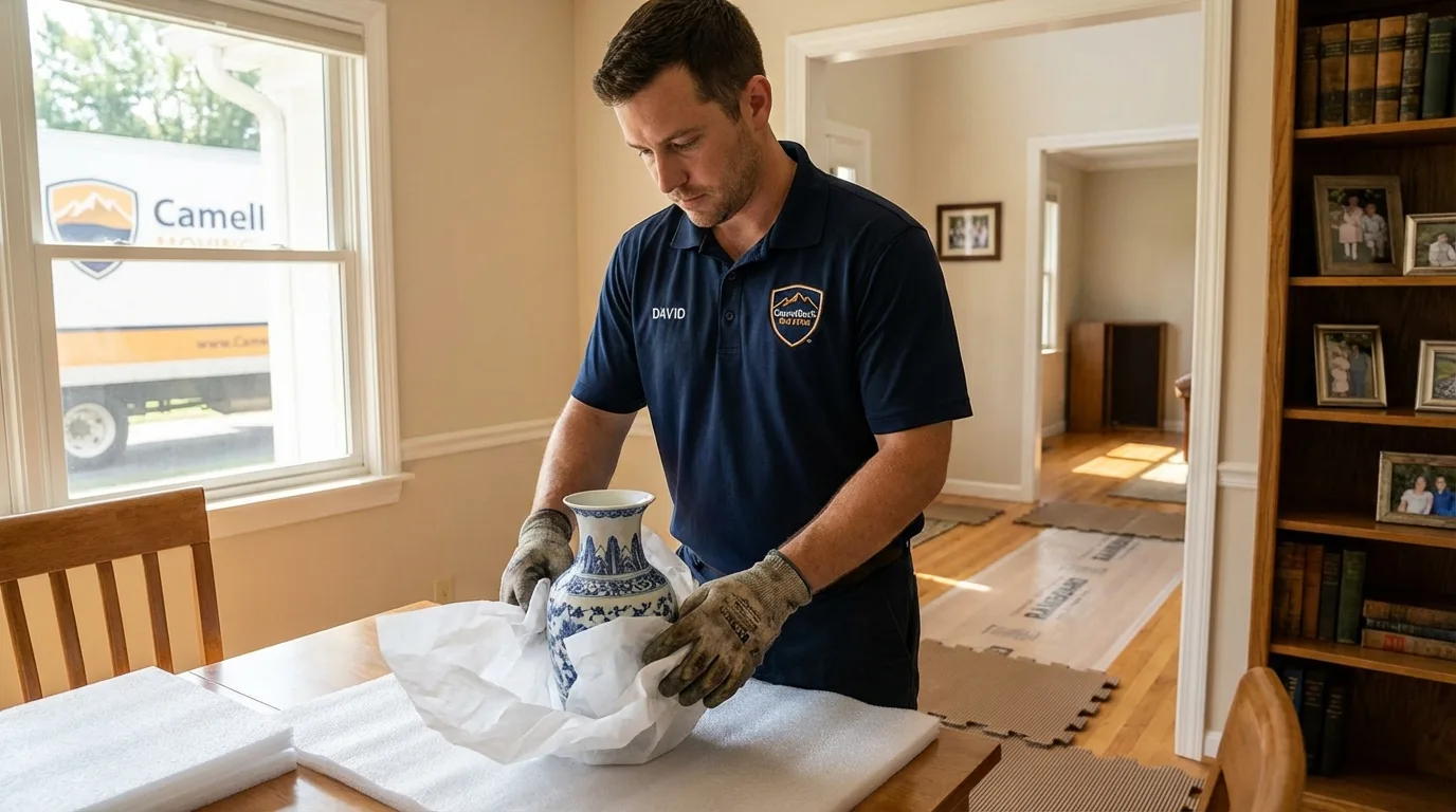 Professional crew carefully wrapping antique vase for senior downsizing move in Hasbrouck Heights, NJ
